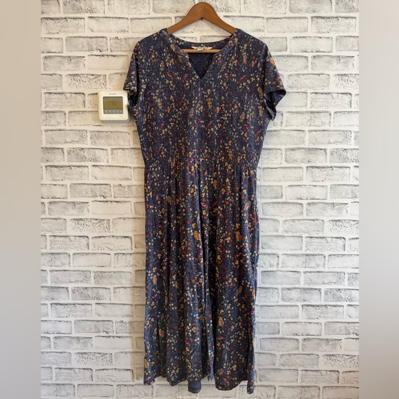 Women’s Coldwater Creek blue long v-neck short sleeve floral owl birds dress PM - Picture 1 of 5